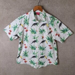 The High & Mighty Shirt Mens M White Toucan Cannabis Leaf Print Button Up Cotton